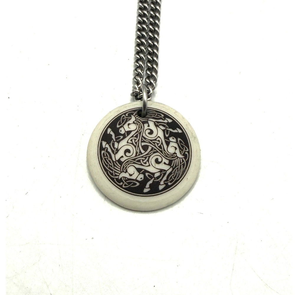 Celtic Triskelion Horse Pendant Necklace Silver Tone Curb Chain Etched Disc